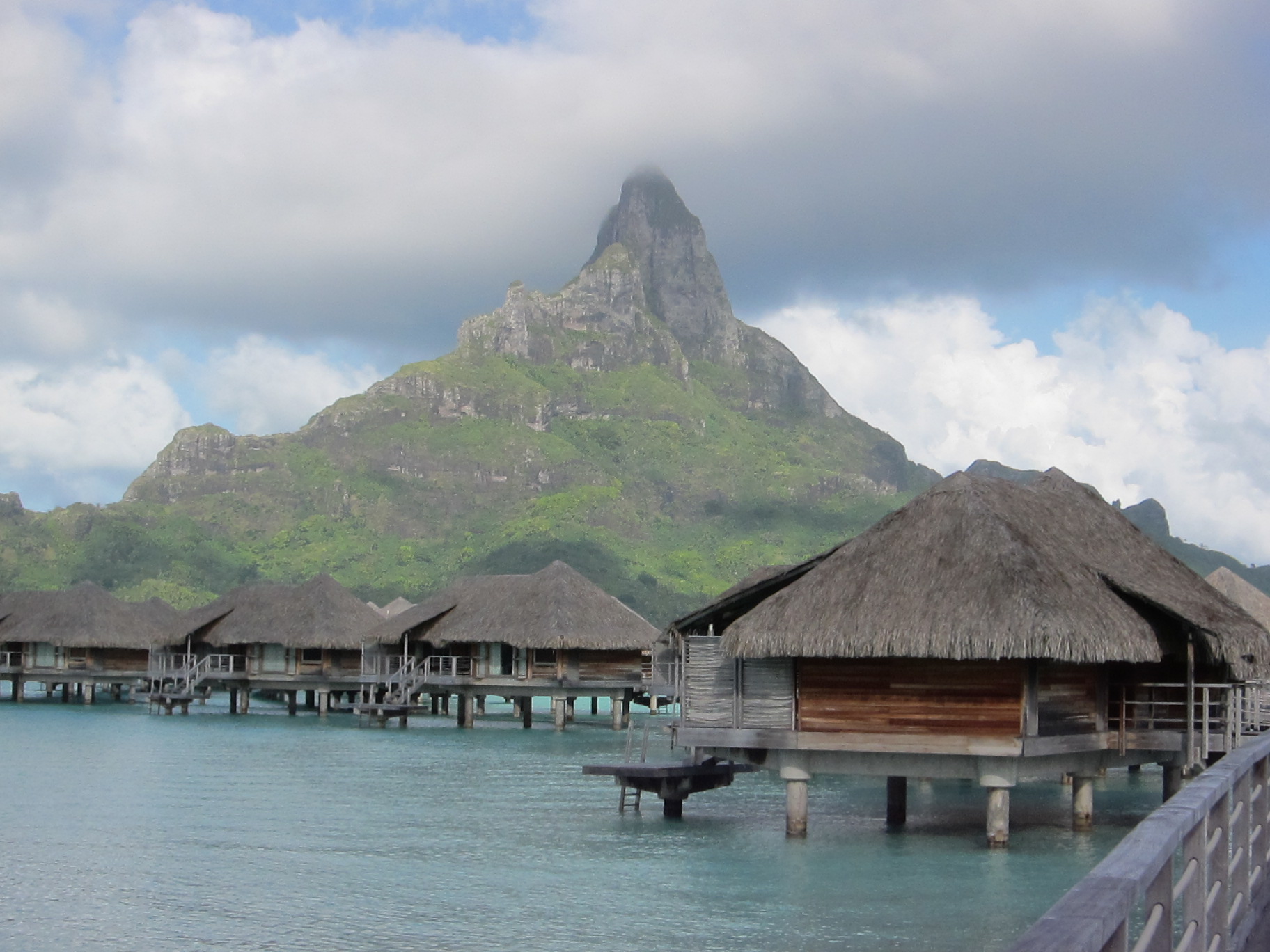The morning we went snorkeling was cloudy but Mount Otemanu was no less impressive