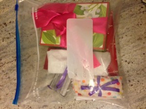 Little M's "presents" for distractions: ready to go! Thanks, Jess!