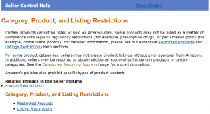Amazon Seller Center Category, Product, and Listing Restrictions.
