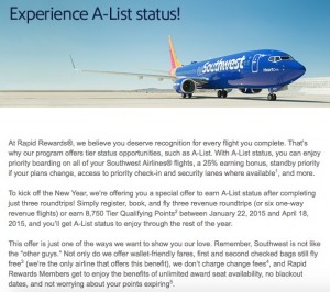 Southwest A-List Challenge Email