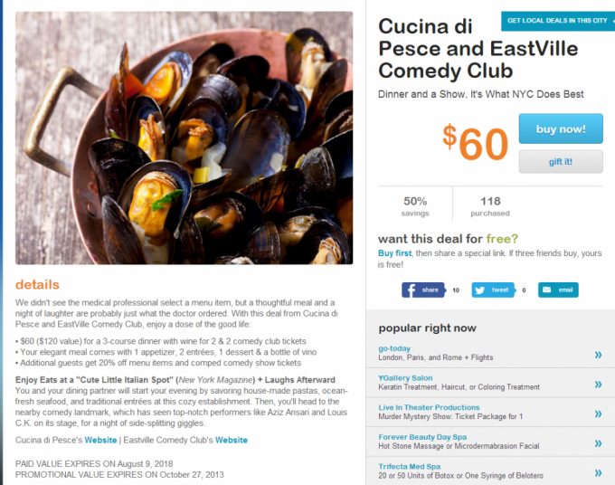 $60 gets you dinner for two, with wine plus 2 tickets to a comedy show in Manhattan - plus use code AUG10 for $10 off, and get 7% Cashback through Bigcrumbs ($3.50) for further savings