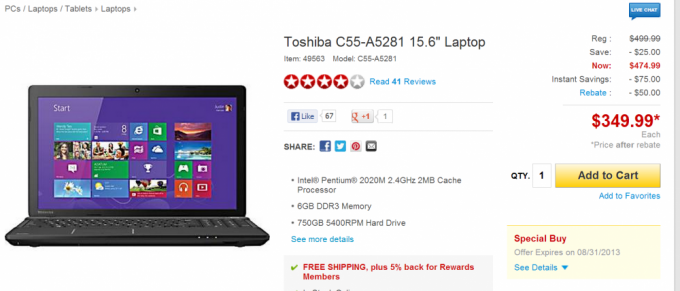 Toshiba Laptop $350 prior to adding the discount