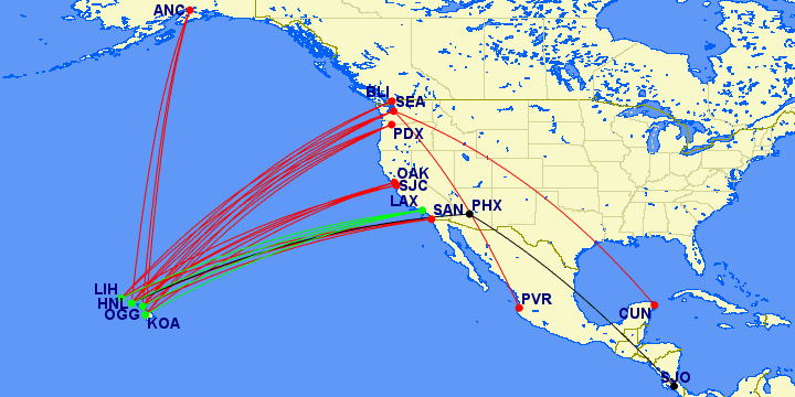 Nonstop routes served by American, US Airways and Alaska Airlines in Distance band 4.