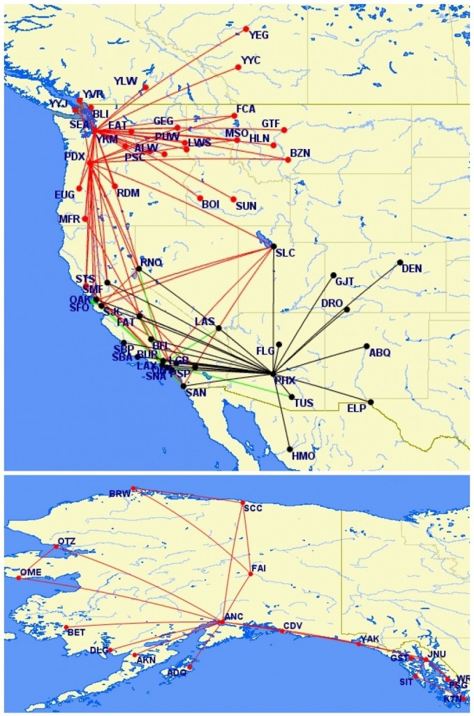 West Coast and Alaska routes up to 650 miles nonstop. Great Circle Mapper is tired.