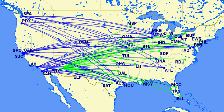 Routes served nonstop by Southwest which can be combined with Avios sweet spots.