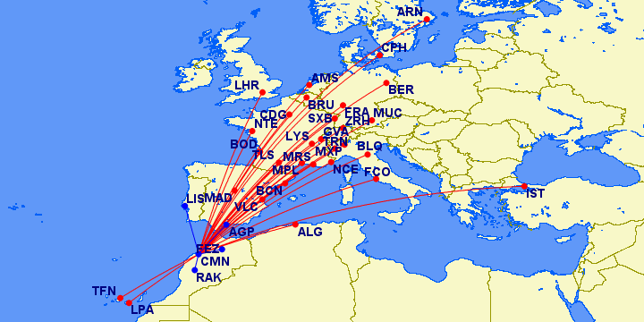 Routes in blue are 48K IB Avios roundtrip, red routes are 60K.