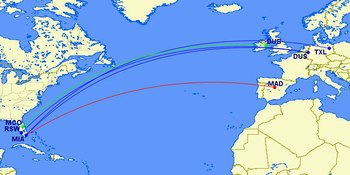 Florida-Europe routes in distance band 6