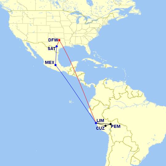 Our Peru trip, map courtesy on Great Circle Mapper. A lot less flying time than any other option!
