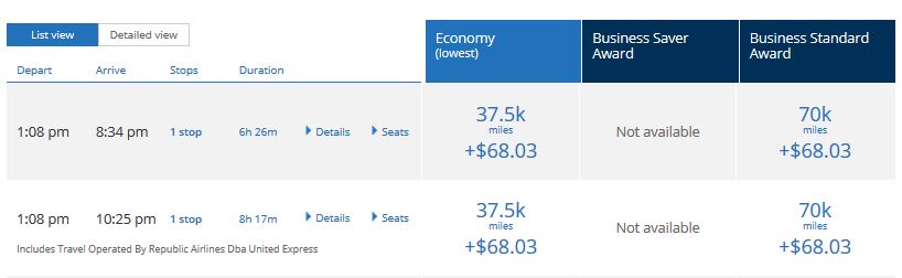 The same search after logging in. Only with United status or a United credit card could I access these Standard level coach seats. 