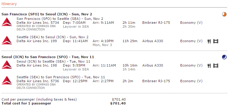 Sample Delta itinerary. Fly UA for about $30 more.