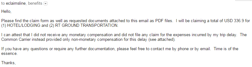 Sample Email Trip Delay Reimbursement BNA