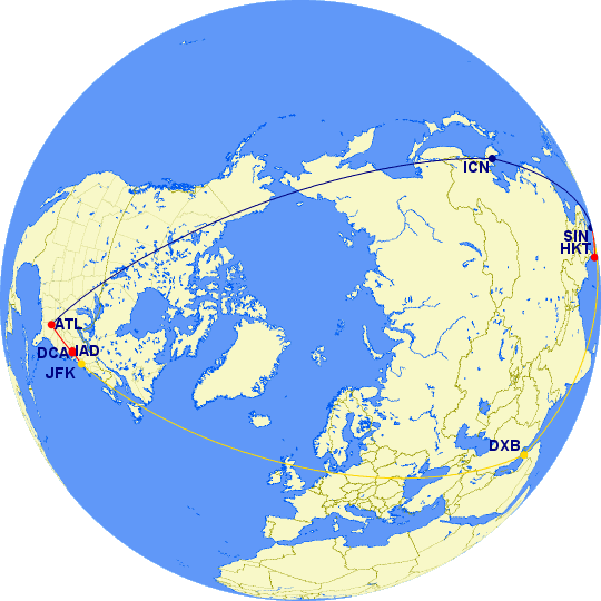 Flying Around the World on Emirates, and Korean Airlines (for the over water portions). Maps generated by the Great Circle Mapper - copyright © Karl L. Swartz.