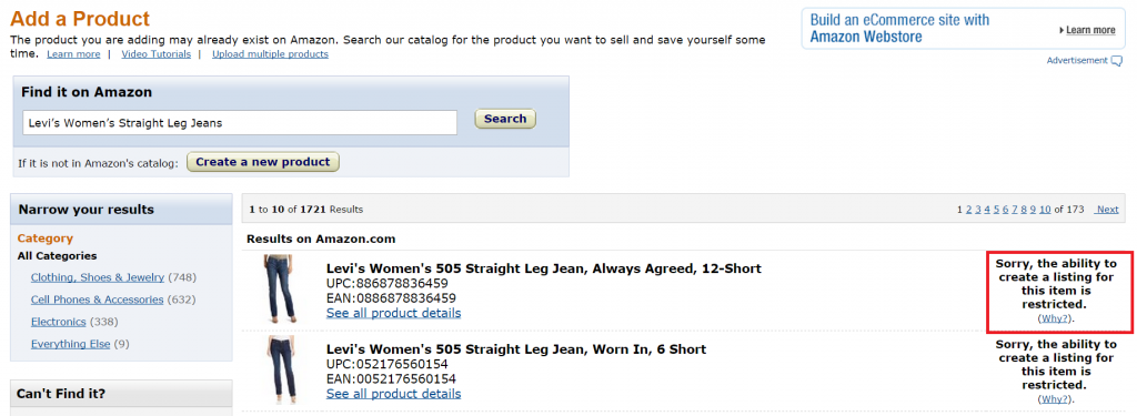 FBA Seller Central trying to list Levis Women Jeans.