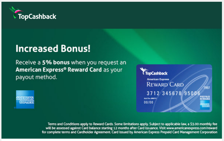 TopCashback - Increased 5% bonus when payout as an American Express Reward Card!