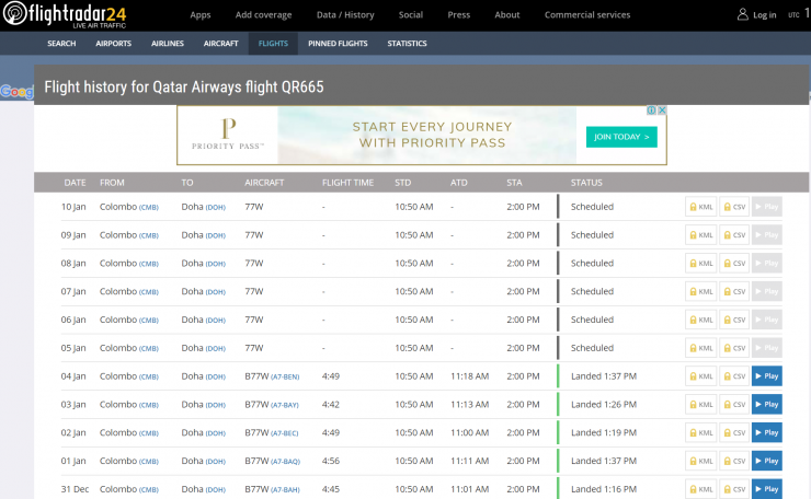 QR665 over the past few days courtesy of Flightradar24.com