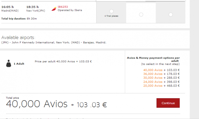 Iberia Price 40,000 Avios and 103 Euro